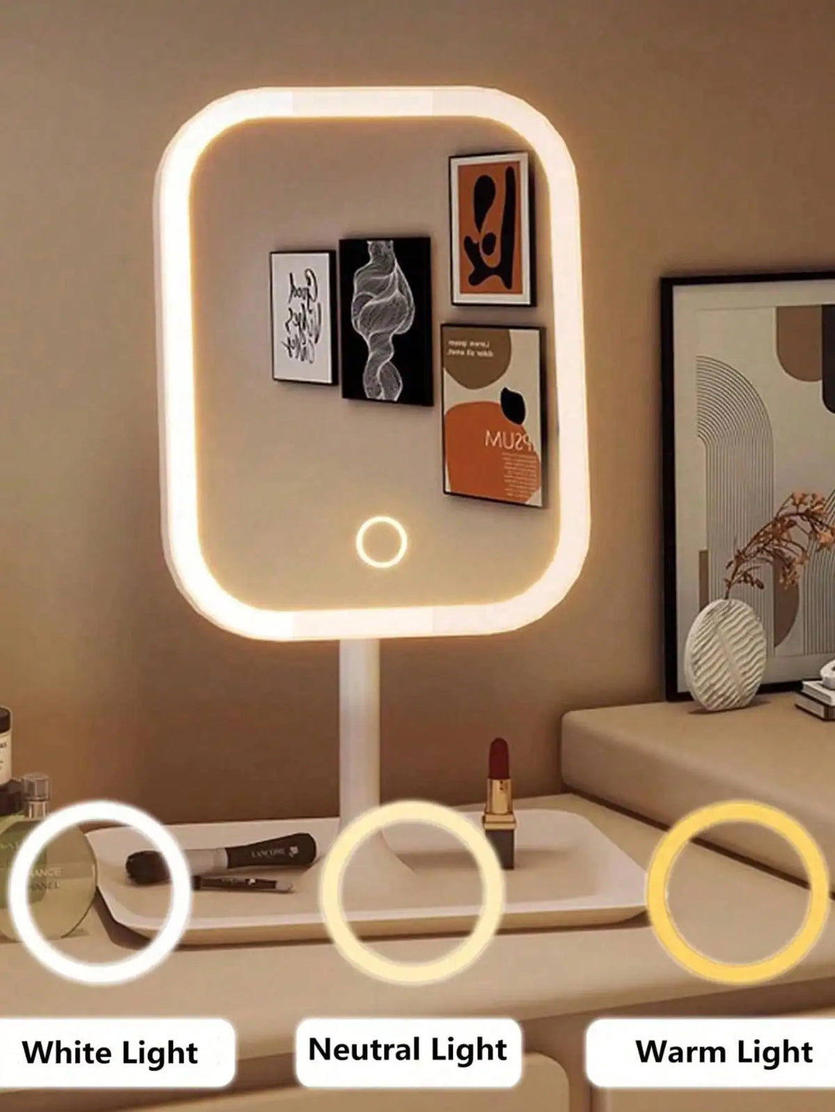 Espelho de Maquilhagem LED com 3 Cores de Luz e Espelho 10X