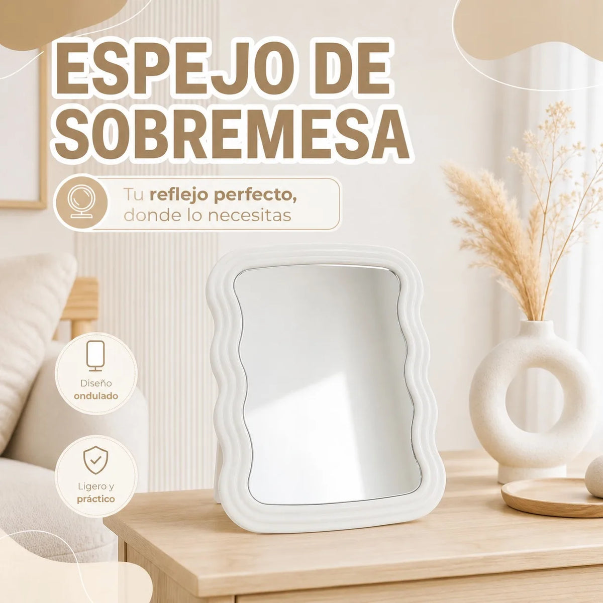Modern Wavy-Frame Desktop Makeup Mirror, Portable Vanity Mirror for Personal Care and Interior Decoration, White Color, Dimensions 19.5 x 14.8 x 1.5 cm