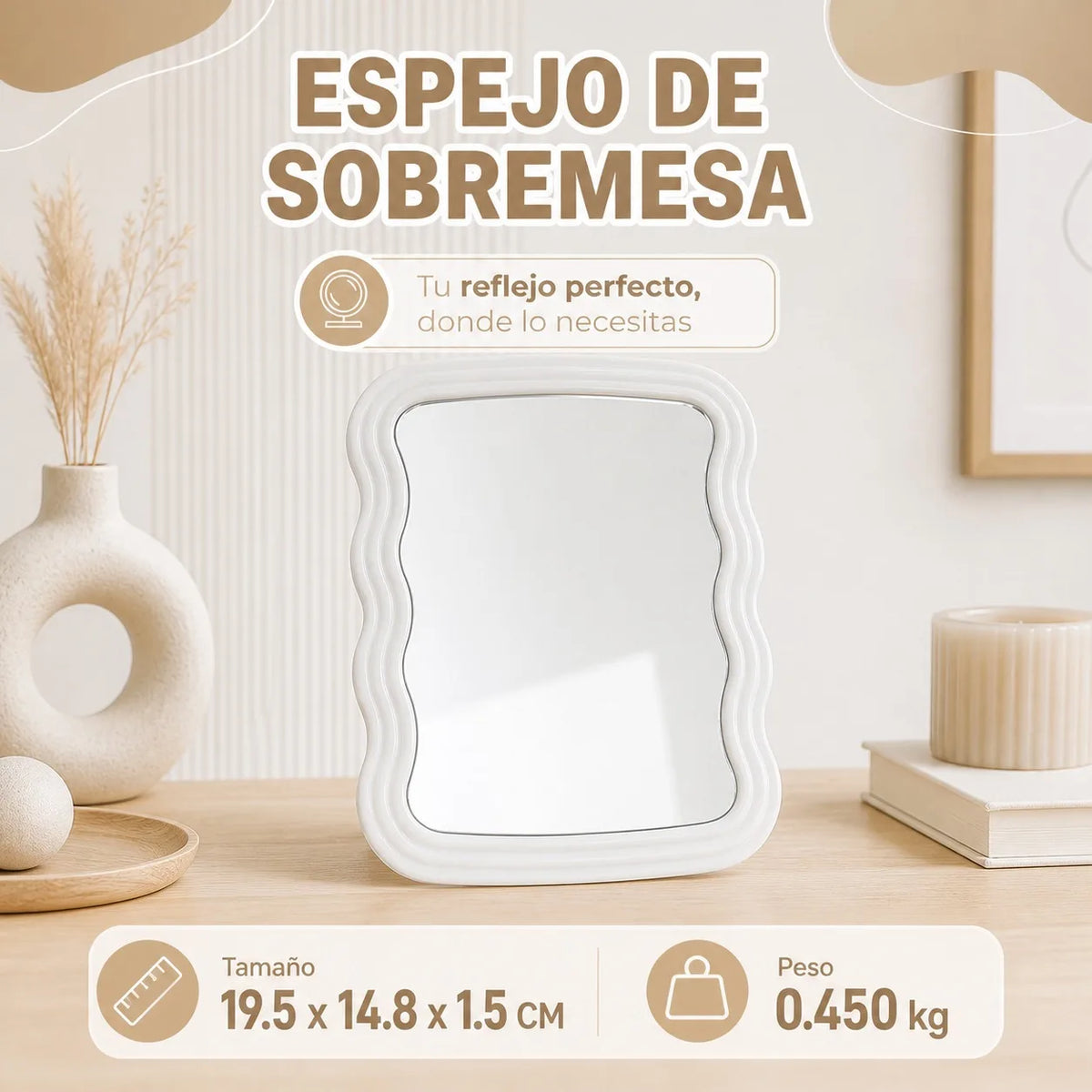 Modern Wavy-Frame Desktop Makeup Mirror, Portable Vanity Mirror for Personal Care and Interior Decoration, White Color, Dimensions 19.5 x 14.8 x 1.5 cm