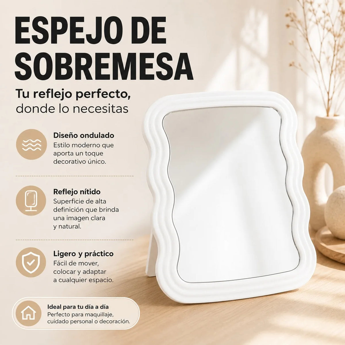 Modern Wavy-Frame Desktop Makeup Mirror, Portable Vanity Mirror for Personal Care and Interior Decoration, White Color, Dimensions 19.5 x 14.8 x 1.5 cm